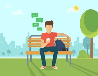young man sitting in the street and sending a message via chat to someone using his smartphone. vector illustration of the mobile chat with friends 