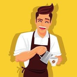 cheerful barista in a brown apron and a white shirt is preparing coffee. vector illustration on a yellow background. fun boy image.