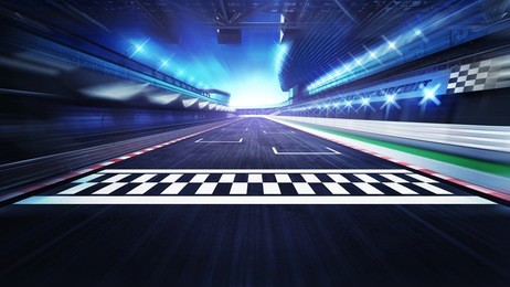 finish line on the racetrack with spotlights in motion blur, racing sport digital background illustration