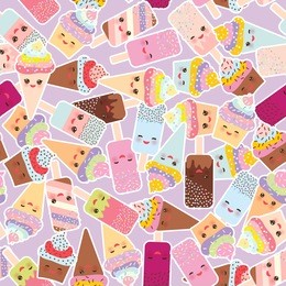 seamless pattern cupcakes with cream, ice cream in waffle cones, ice lolly  kawaii with pink cheeks and winking eyes, pastel colors on light lilac background. vector