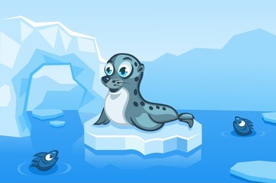 illustration of a navy seal on an arctic vector background with ice floes, icebergs, water and fishes