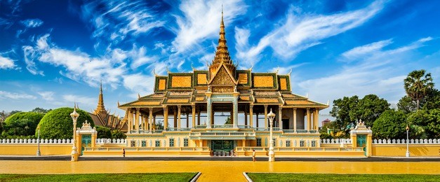 phnom penh tourist attraction and famouse landmark - panorama of royal palace complex, cambodia