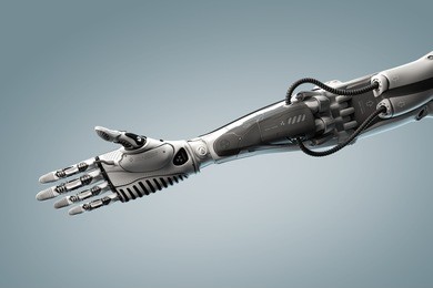 conceptual technology design. robotic arm ready to give handshake. closeup image of a part of mechs