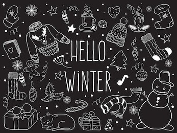 hello winter. vector doodle winter symbols.