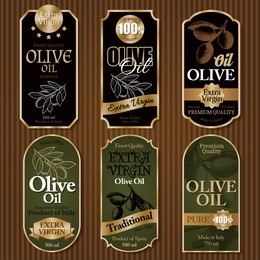 set of black and green olive oil labels on cardboard background vector illustration