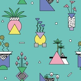 seamless abstract geometric pattern with vases and plants in bright memphis style 1