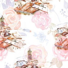 seamless texture with a vintage cityscape. watercolor painting. 