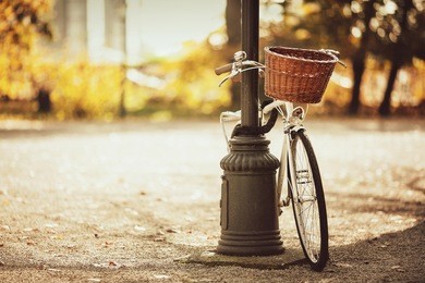 vintage white bicycle with wooden basket locked to the street lamp in park. post processed with retro film filter. 