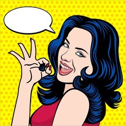 vintage pop art vector illustration. brunette girl in comics style shows ok and smiles.