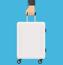 hand holding modern suitcase with wheels. flat style