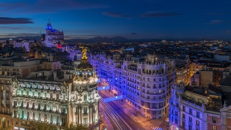 madrid city, spain, beautiful panorama aerial view madrid skyline old town cityscape, metropolis building at night in summer