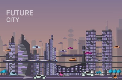 website hero images in flat design style for web development purposes. busy urban cityscape templates with modern buildings, roads, futuristic traffic and park trees.