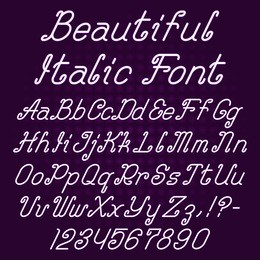 beautiful italic curly font. alphabet of ornate capital and lowercase letters with digits and punctuation marks.