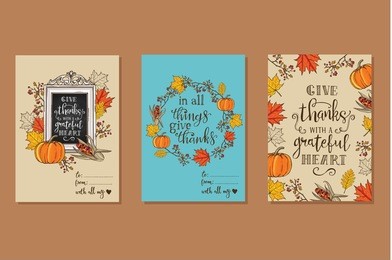 collection of 3 creative thanksgiving day greeting cards. maple and oak leaves, branches and berries, pumpkin, indian corn, chalkboard with lettering