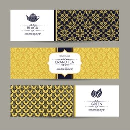 vector set of templates packaging tea, label, banner, poster, identity, branding. ethnic pattern background with ornamental design elements - leaf icon, teapot. stylish design for black and green tea
