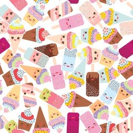 seamless pattern cupcakes with cream, ice cream in waffle cones, ice lolly,  kawaii with pink cheeks and winking eyes, pastel colors on white background. vector
