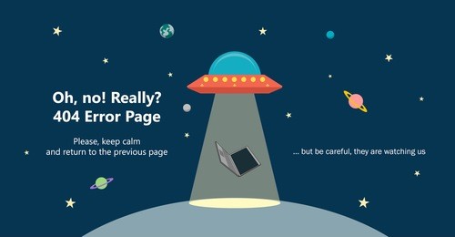 404 error page vector template for website. outer space landscape with ufo stealing a laptop with ray of light. levitating computer. planets and stars in space. text warning message 404 page not found