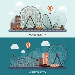vector illustration. ferris wheel. carnival. funfair background. circus park.  skyscrapers with roller coast.