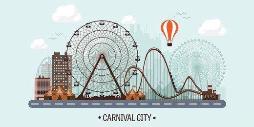 vector illustration. ferris wheel. carnival. funfair background. circus park.  skyscrapers with roller coast.