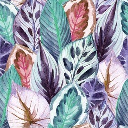 unusual leaves seamless pattern. hand drawn exotic leaves illustration in watercolor.