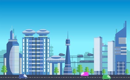 website hero image in flat design style for web development purposes. busy urban cityscape template with modern buildings, roads, futuristic traffic and park trees.