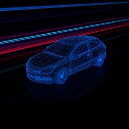 brandless generic wireframe car in light tunnel