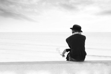 black and white street photography of man