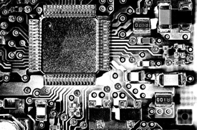 digitally altered black and white technology background.