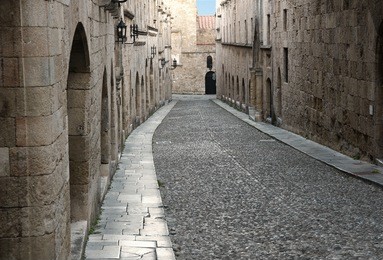 rhodes old town is  oldest inhabited medieval town in europe.  street of the knights (ippoton) is one of the best preserved and most delightful medieval relics in the world.  rhodes  island, greece.