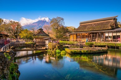 oshino hakkai, japan with mt. fuji in the background.
