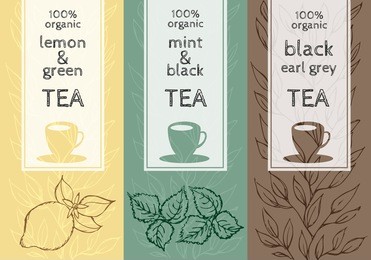 vector set of templates packaging, label, banner, poster, identity, branding. stylish design for black, green and herb tea.