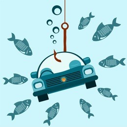 car on a fishhook under water with the fish. the trap of consumption, the lure of the buyer.