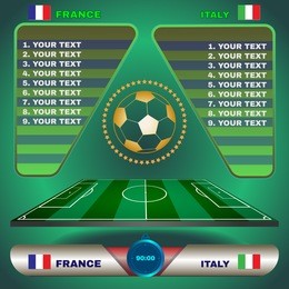 football soccer match statistics. scoreboard with players and match score and other data. football stadium playfield backdrop. france versus italy team. digital background vector illustration.