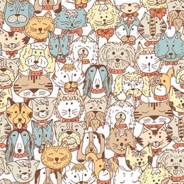 animals. cats and dogs vector seamless pattern. hand drawn doodles pets. cute cats and dogs colored background.