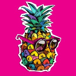 bright poster with image of pineapple fruit in sunglasses on pink background. vector illustration.