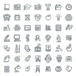 set of modern flat line art icons of school subjects, activities, education and science symbols on white. concepts for web site, mobile or computer apps, infographics, presentations, promotion