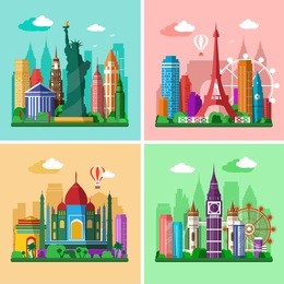 traveling around the world. cities skylines set. flat landscapes of london, paris, new york and delhi with landmarks