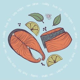 vector background with sketched salmon slices and spices