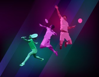 sports poster with badminton players colorful on dark background. trendy polygons, vector illustration