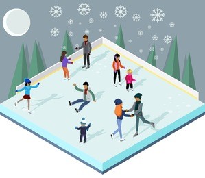 ice rink with people isometric style. ice skating, sport winter, skate and skating, cold season, outdoor activity, lifestyle motion, skater exercise, speed active recreation illustration