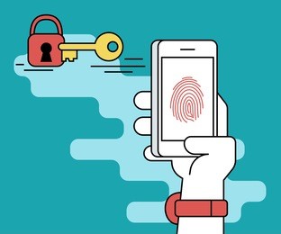 illustration of identification of fingerprint on smartphone. human line contour hand holds a smartphone and doing fingerprint scanning process to get access