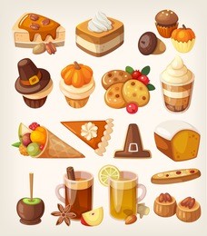set of colorful tasty thanksgiving day desserts, sweets, candies and treats.