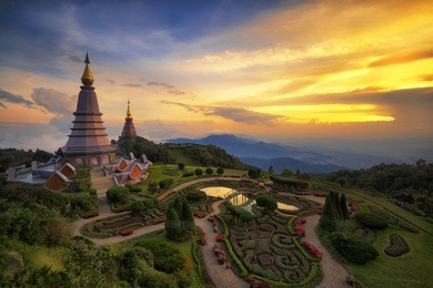 landscape of two pagoda on the top of inthanon mountain, chiang mai, thailand.