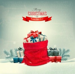 holiday christmas background with a sack full of gift boxes. vector. 