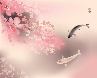 vector illustration of sacred koi carps and spring sacura blooming.  hieroglyph means koi.