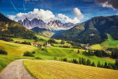 countryside view of the funes valley st. magdalena or santa maddalena in the national park puez odle or geisler. dolomites, south tyrol. location bolzano, italy, europe. dramatic scene. beauty world.