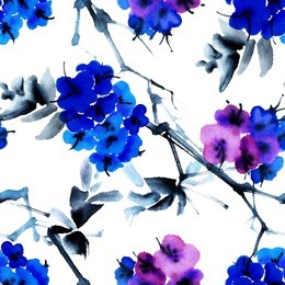 watercolor painted tree with blue and violet flowers. traditional asian painting in sumi-e and u-sin style. seamless pattern.