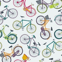 hand drawn vector seamless pattern with colorful city bikes