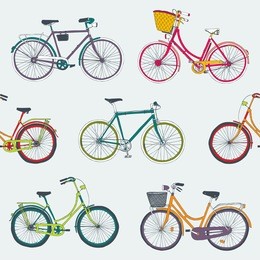 hand drawn vector seamless pattern with colorful city bikes