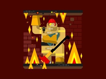 fire man character with baby. salvation and firefighter, flat vector illustration